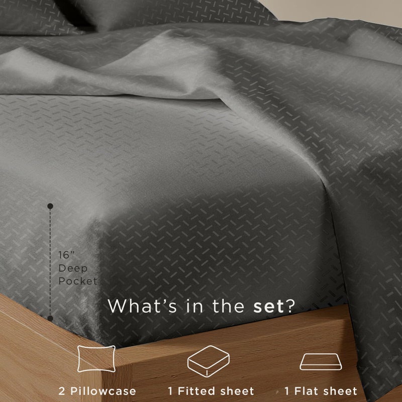 Threadmill Cotton Queen Sheet Set | 100% Cotton Sheets for Queen Size Bed | Damask Jacquard Queen Bed Sheets Set with 16â€ Deep Pocket | Soft Sateen Weave 4-Piece Cooling Bedding Set | Dark Grey - Image 3
